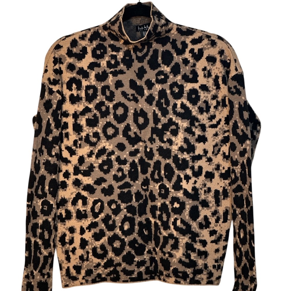 Nicole Miller New York‎ Leopard Animal Print Mock Neck Sweater Knit Black Tan XS
